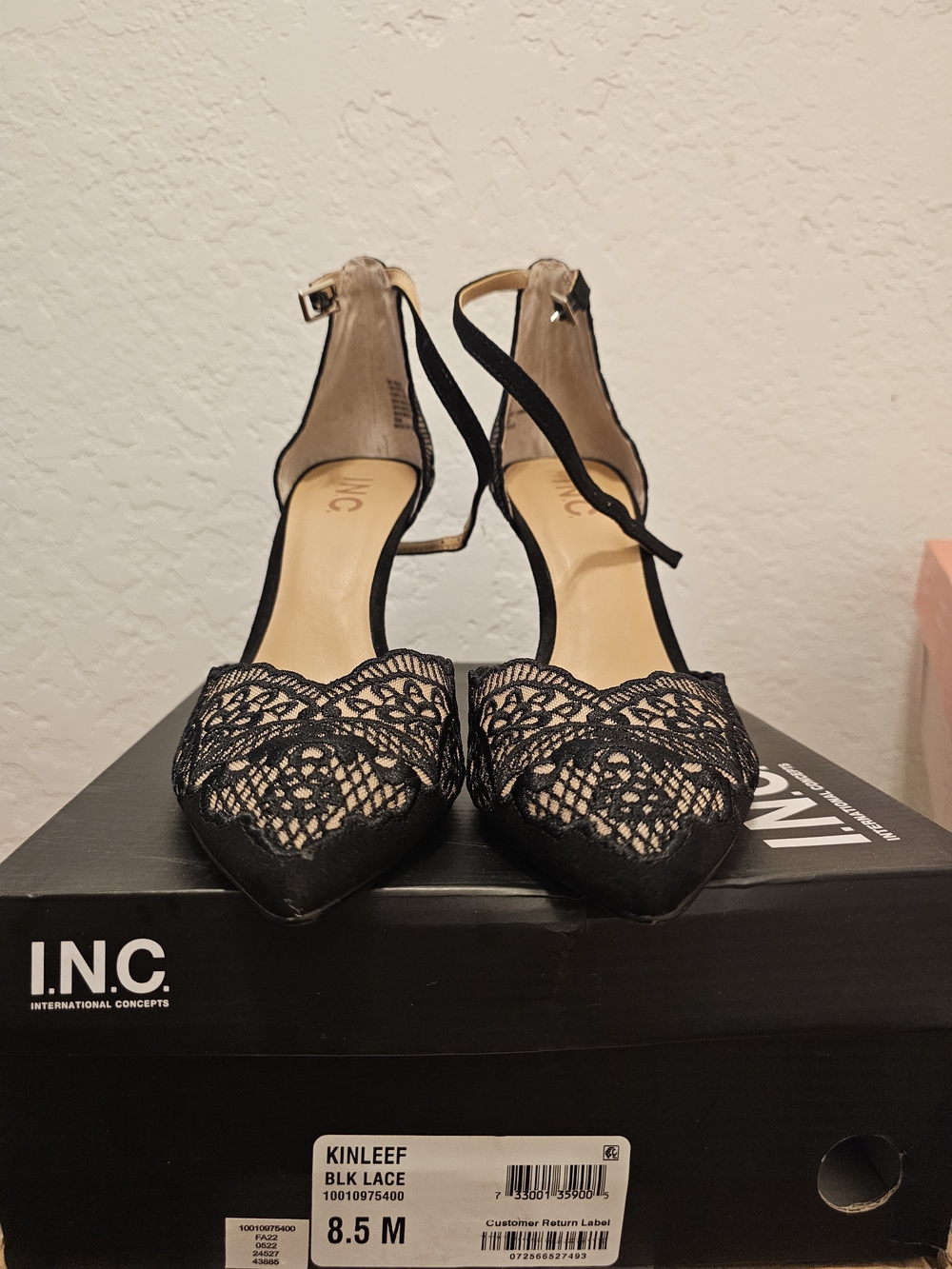 INC International Concepts Black Lace Pointed-Toe Ankle-Strap Heels